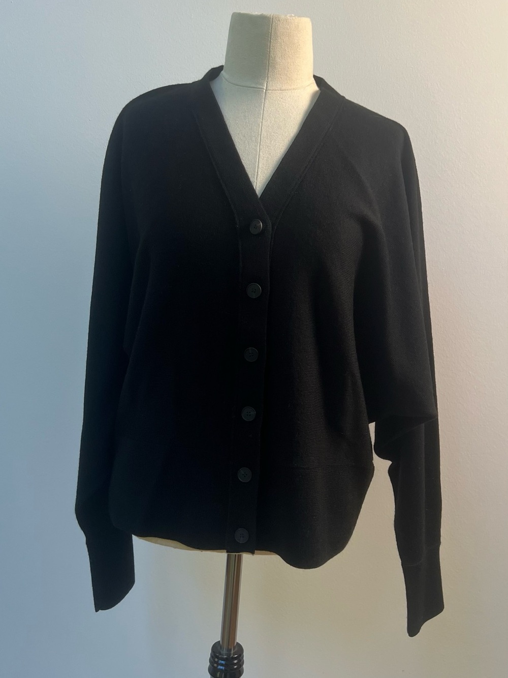 COS Women's Cardigan Sweater Black Batwing-Sleeve Merino Wool Button-Front Large